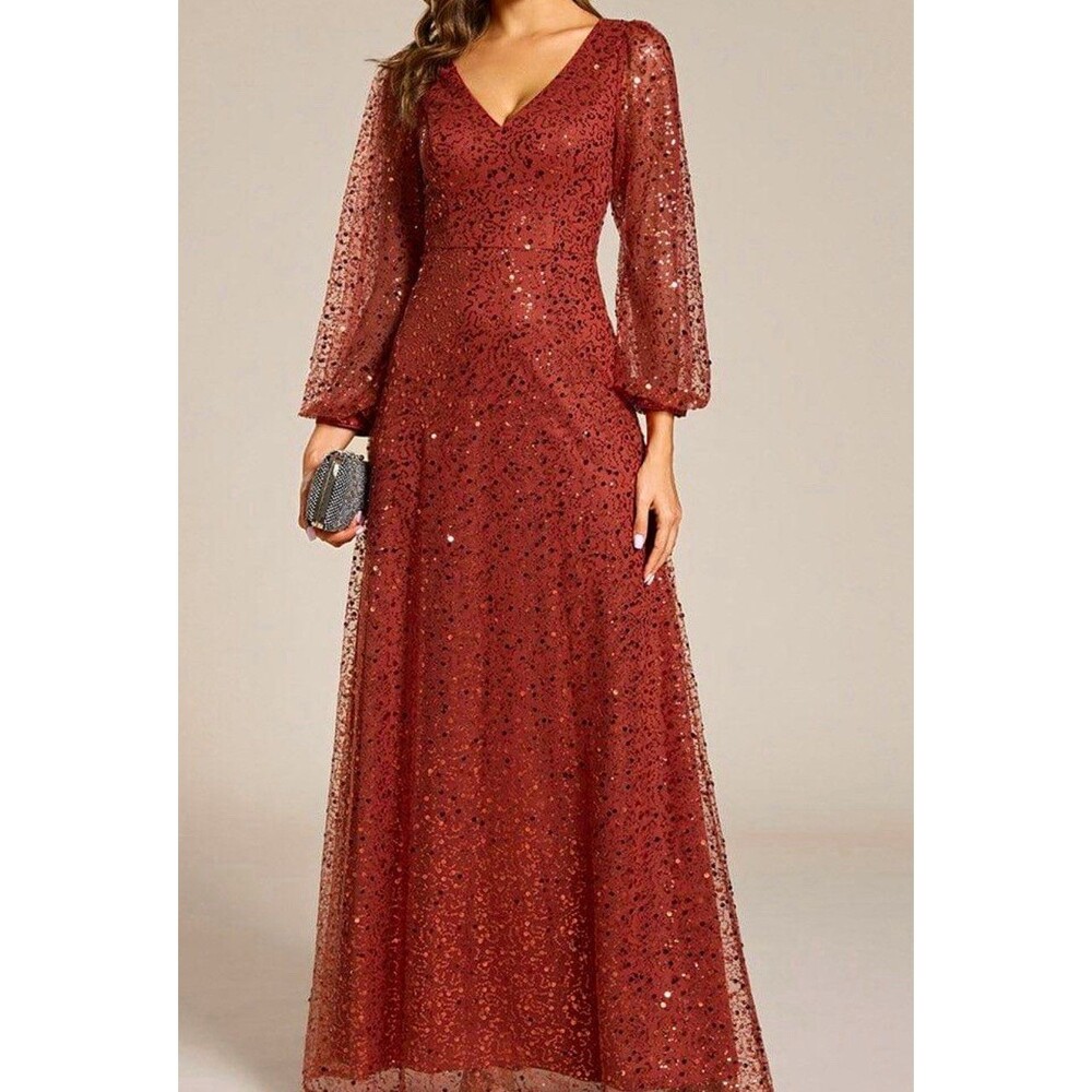 Ever Pretty Dress Womens 20 Burnt Orange Sequin Long Sleeve Formal Maxi Gown